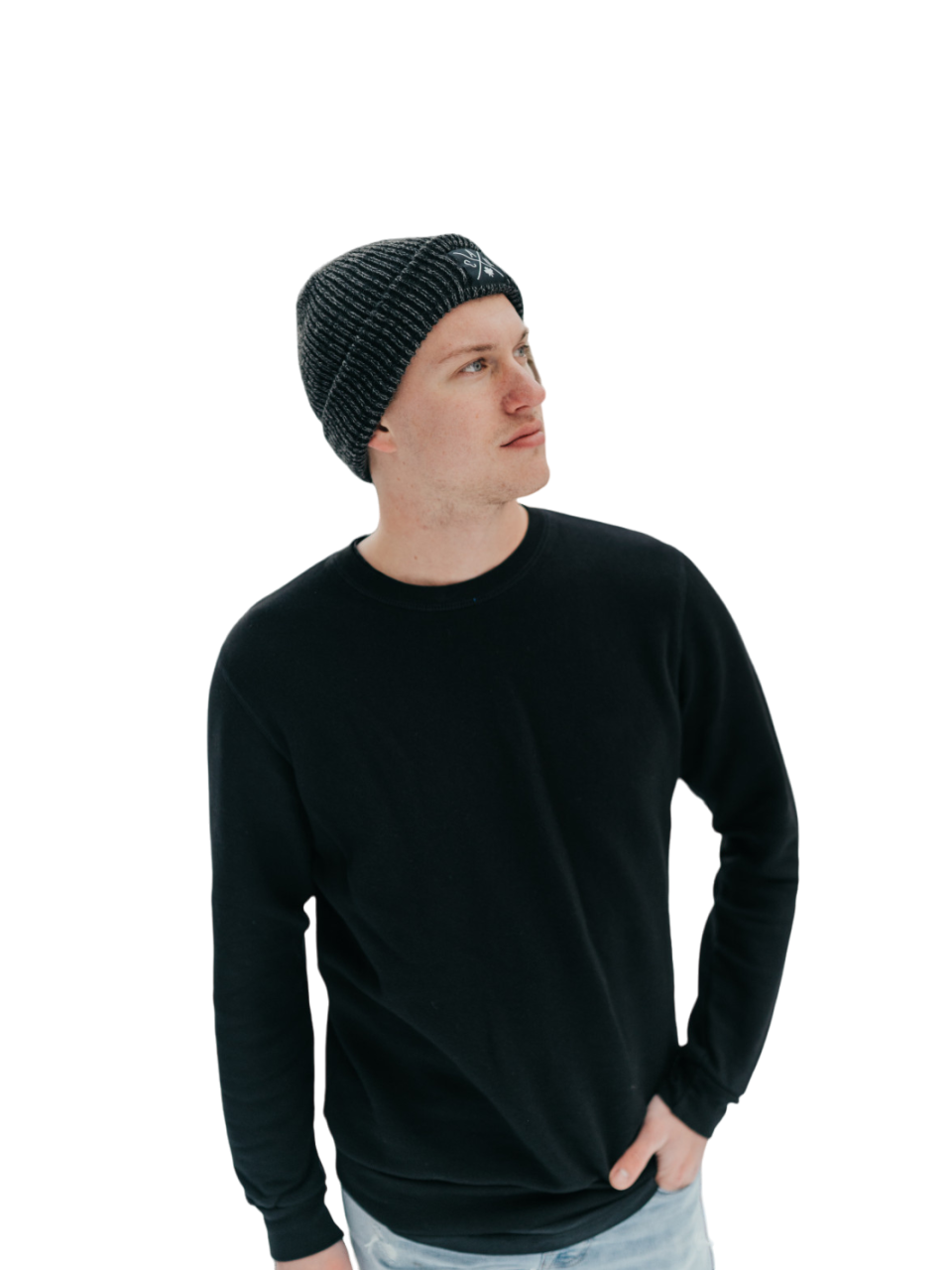Individual wearing a blank black unisex canadian made sweater. The crewneck represents sustainable fashion, comfort, and local manufacturing
