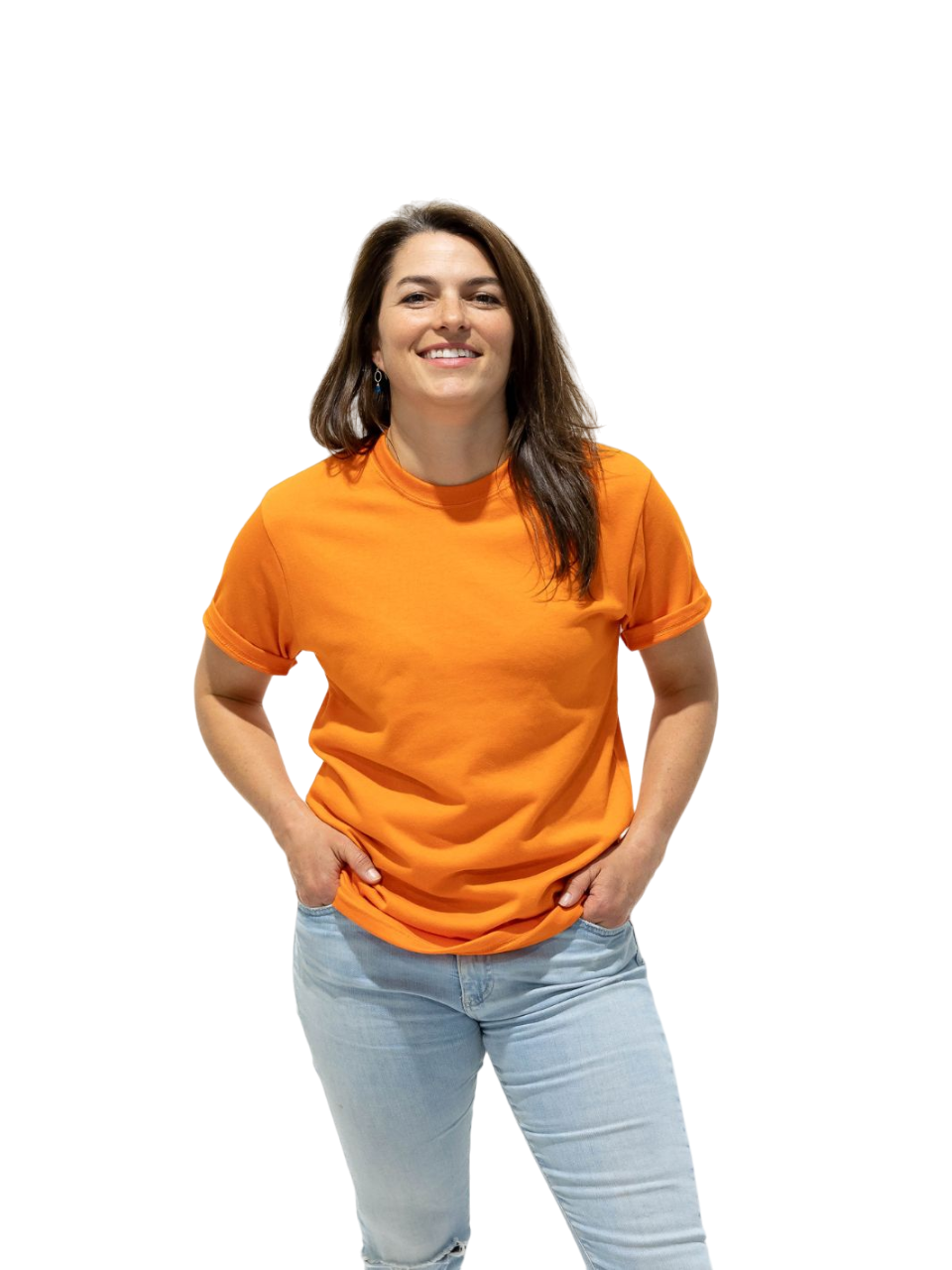 individual sporting a burnt orange Local Laundry Barrier tshirt. Made in Canada and constructed from a premium blend of 50% cotton and 50% polyester.