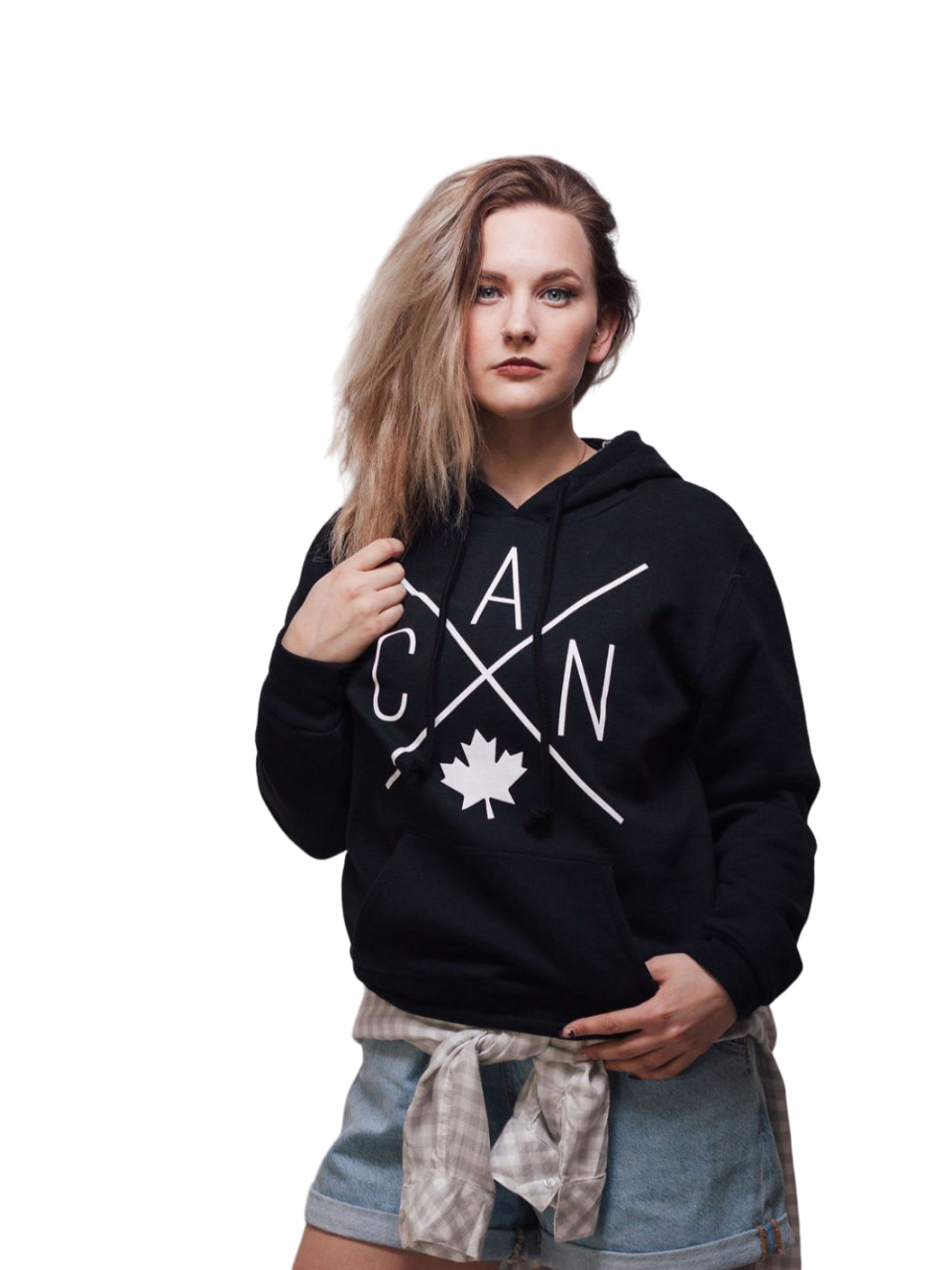 Individual wearing Made in Canada unisex hoodie featuring Local Laundry exclusive CAN Maple Leaf design. 