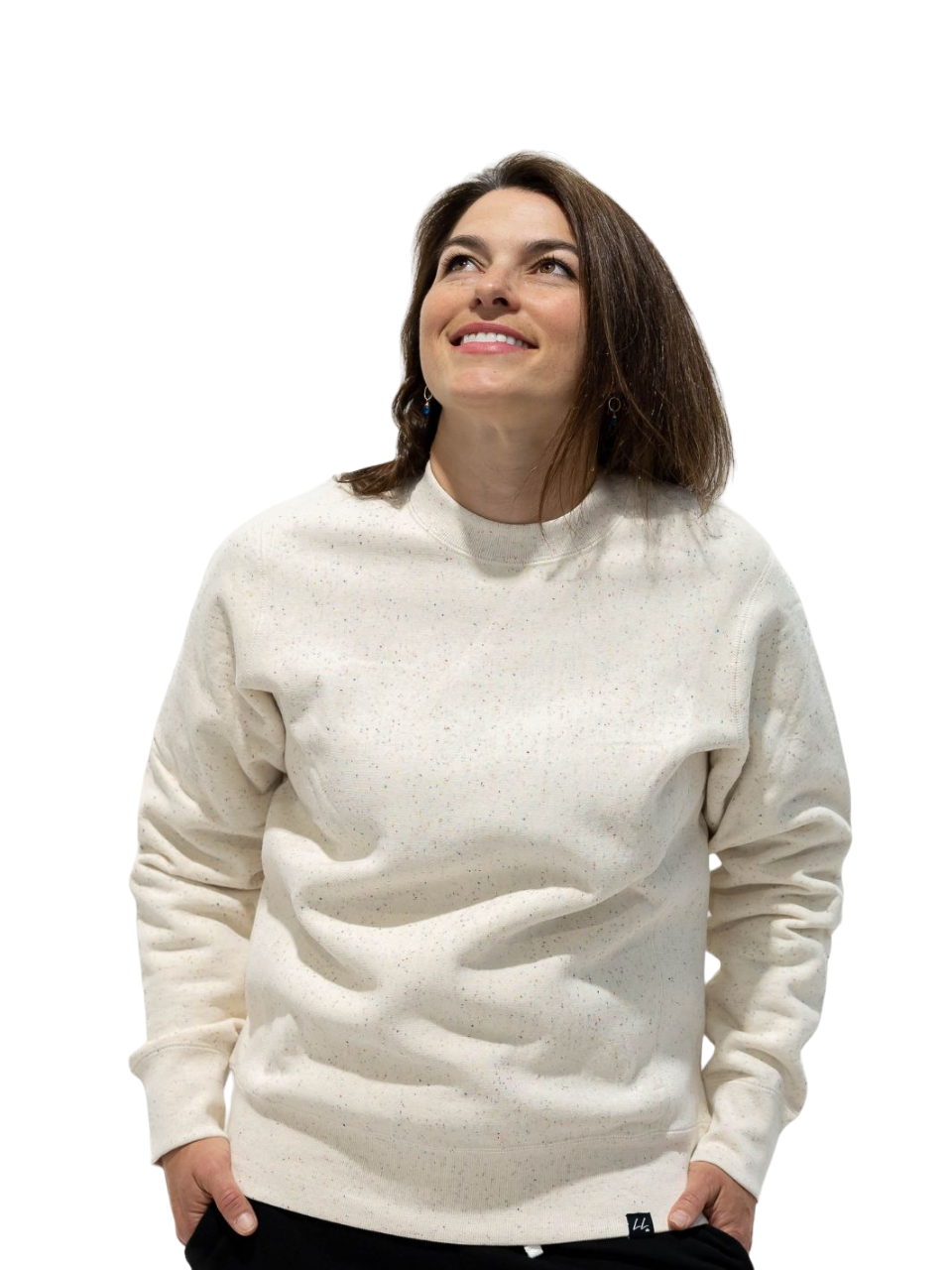Individual sporting Local Laundry's heavyweight speckled crewneck sweater. This sweater is made of 100% ethically sourced cotton and is sustainably made in Canada