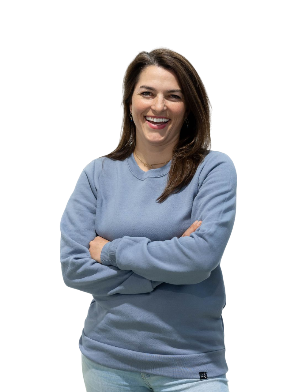 Smiling individual in a soft, comfortable, high-quality Edworthy Fleece sweater, a Canadian-made, powder-blue sweater