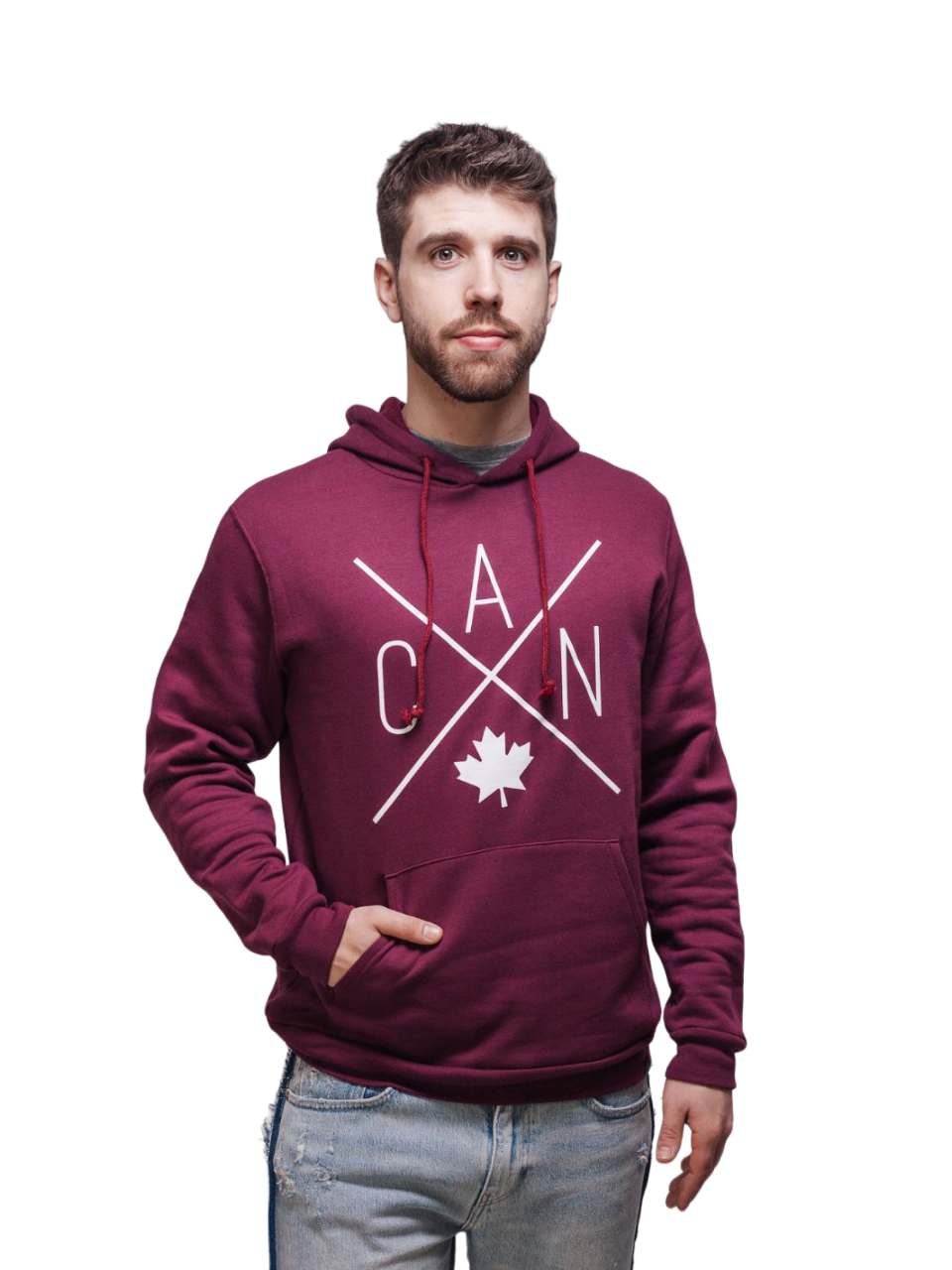 Individual wearing maroon Made in Canada hoodie featuring a Local Laundry exclusive CAN Maple Leaf design - Local Sustainable Fashion