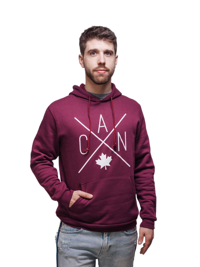 Individual wearing maroon Made in Canada hoodie featuring a Local Laundry exclusive CAN Maple Leaf design - Local Sustainable Fashion