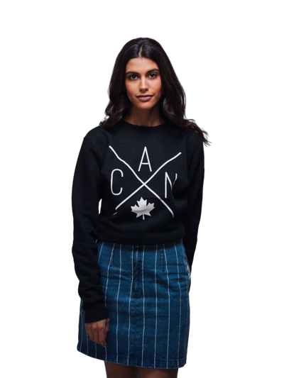 Individual wearing Made in Canada sweater, featuring an exclusive eye catching CAN design featuring a maple leaf.