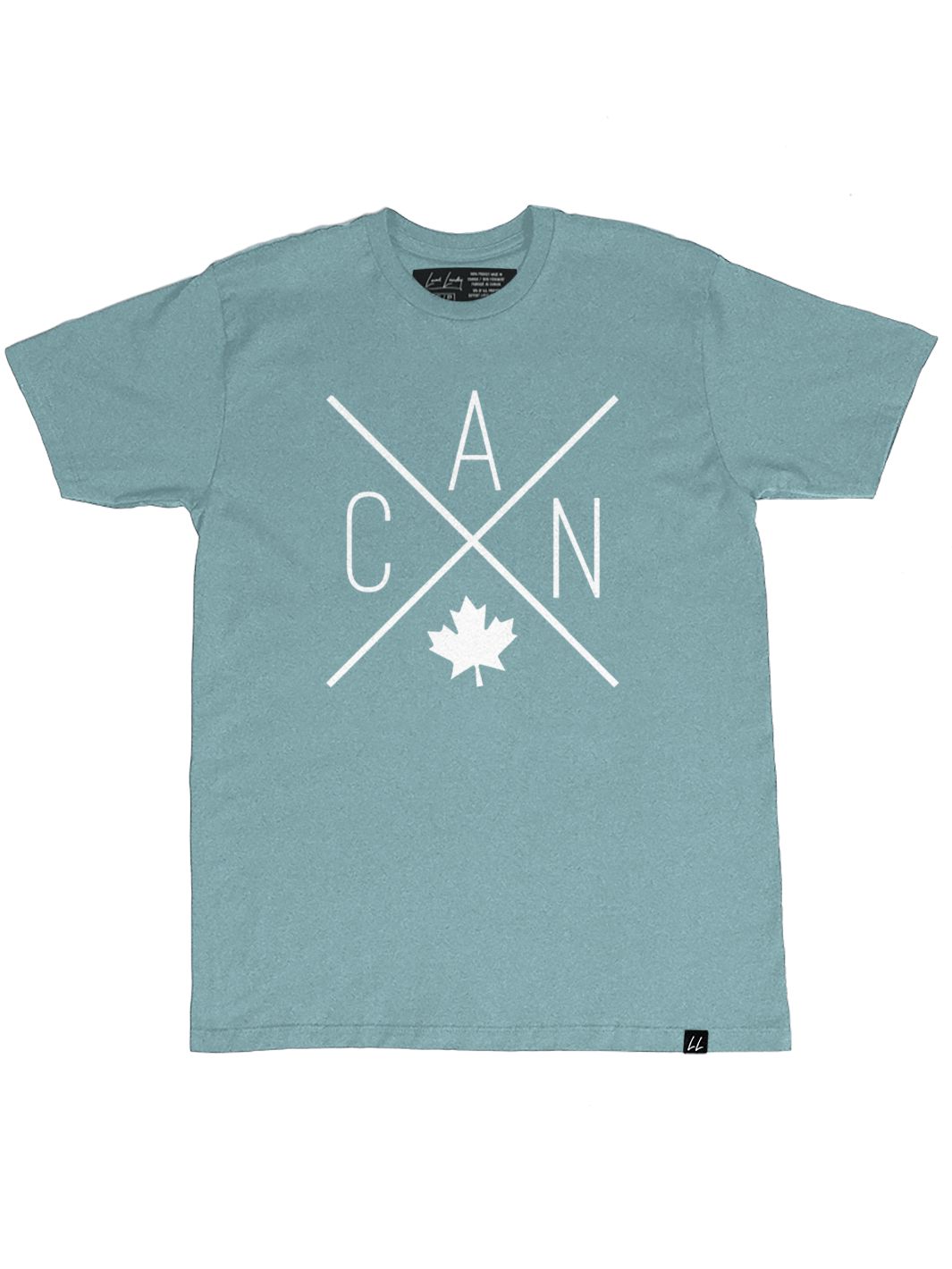 Green unisex Made in Canada shirt featuring the Local Laundry exclusive CAN Maple Leaf design. This tshirt represents  sustainable fashion that supports local communities.