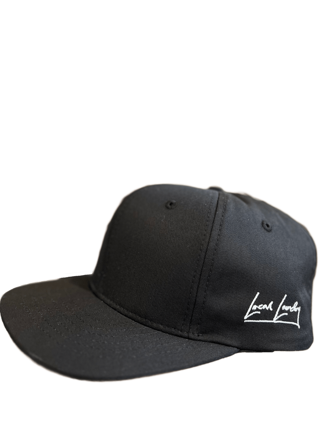 The side profile of the Rundle Snapback hat by Local Laundry, this sideprofile showcases the Local Laundry script sewn into the side of the hat. Made in Vancouver, BC Canada of sustainable materials.