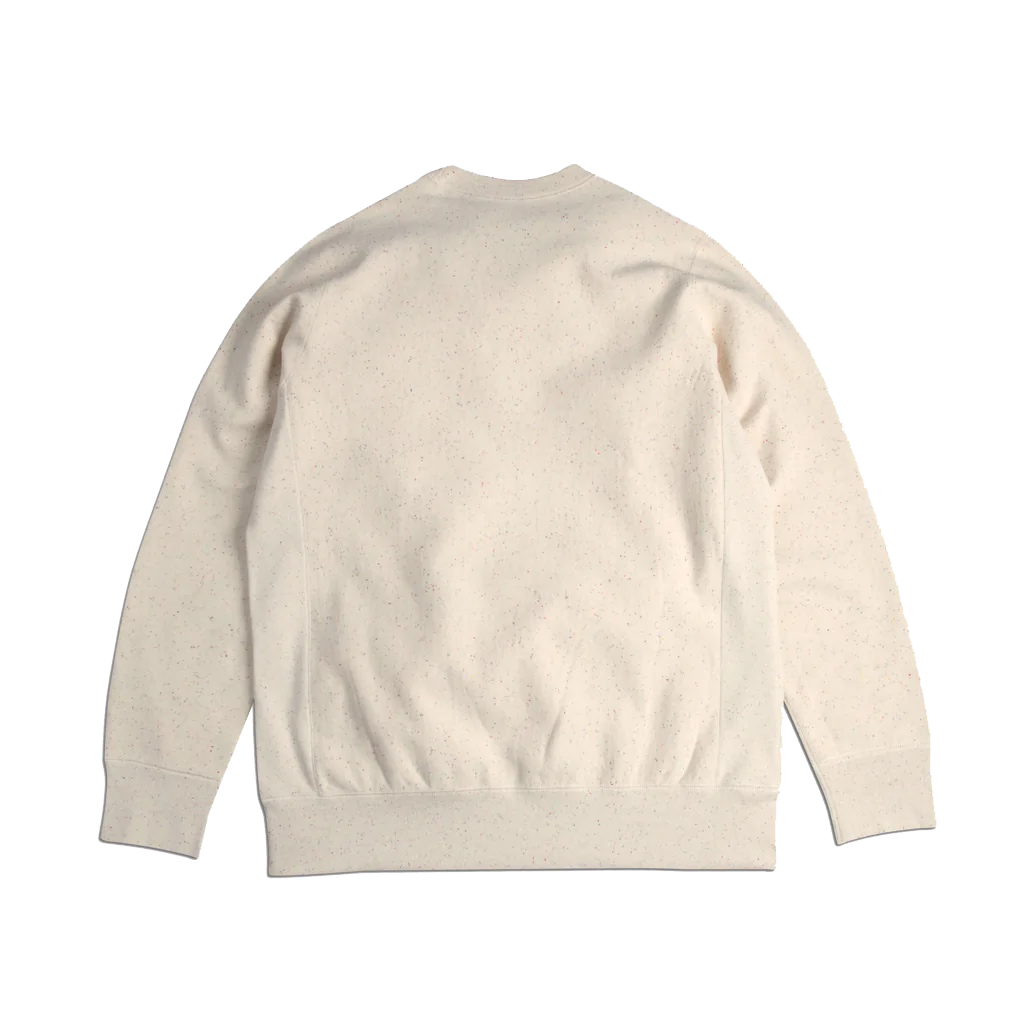 Back detail of the Local Laundry Heavyweight speckle sweater in white with rainbow speckle interwoven. This sweater is constructed from 100% cotton and is made in Canada.