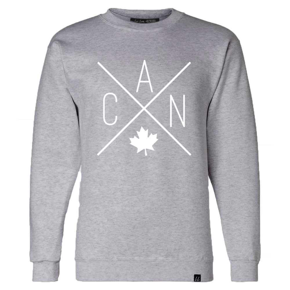Grey unisex Made in Canada sweater with Local Laundry exclusive CAN Maple Leaf design. 