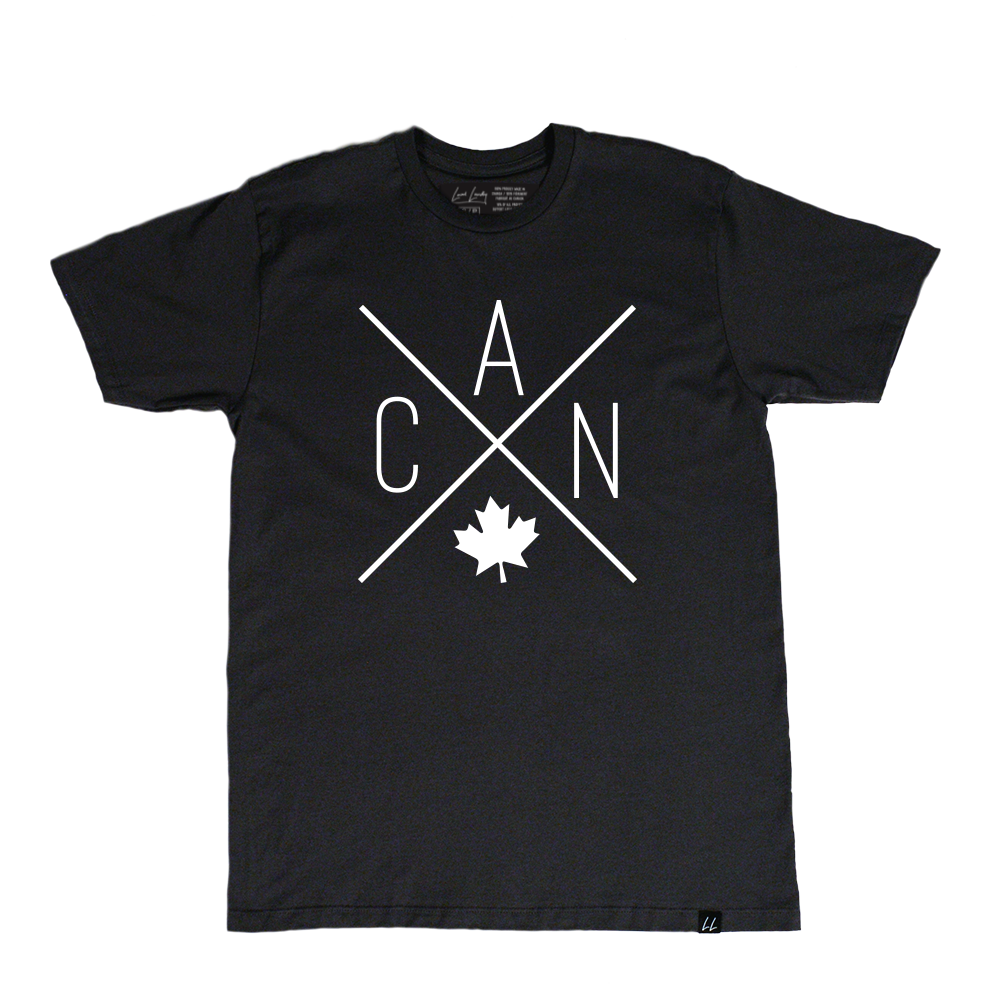 Black unisex Made in Canada shirt featuring the Local Laundry exclusive CAN Maple Leaf design. This tshirt represents  sustainable fashion that supports local communities.