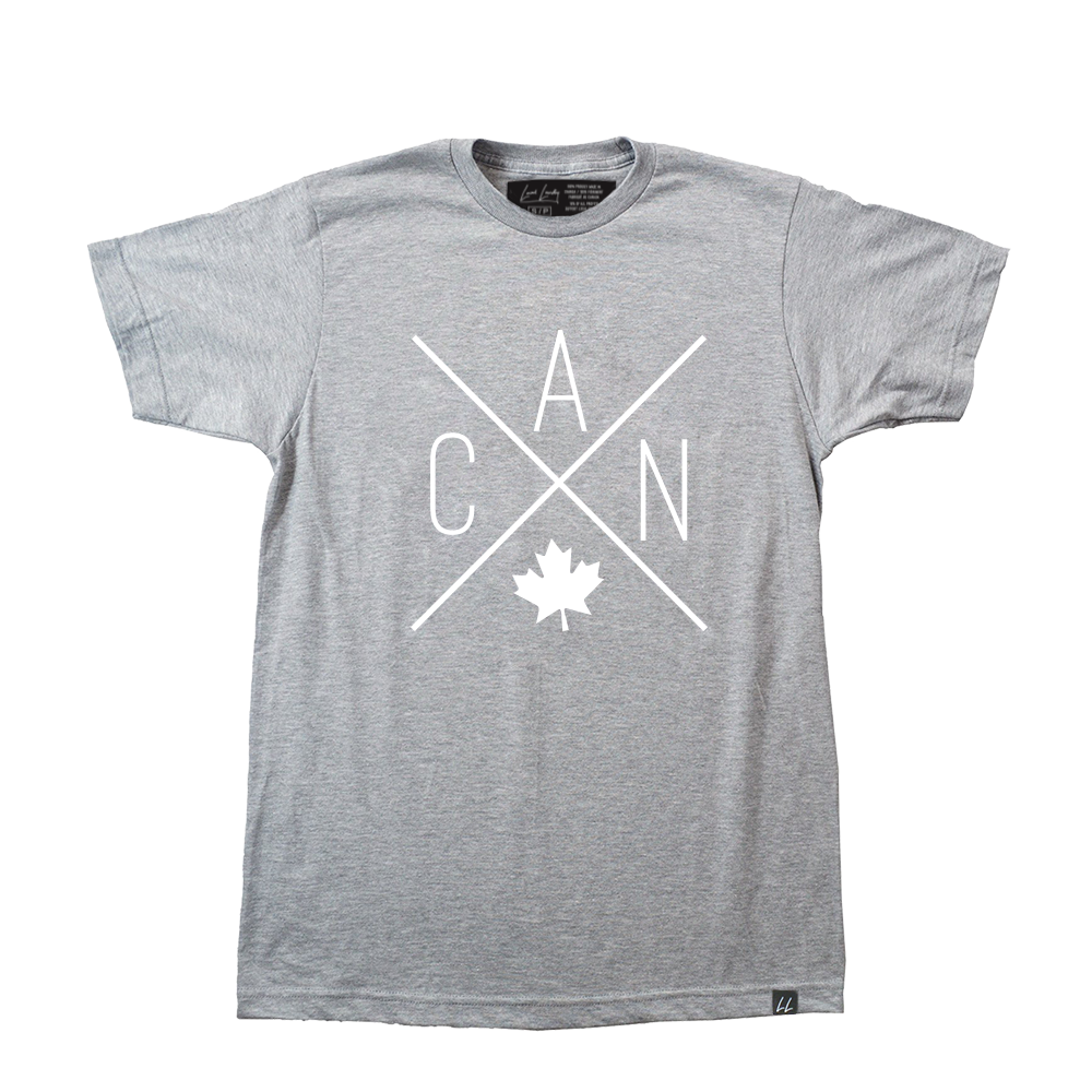 Grey unisex Made in Canada shirt, featuring a Local Laundry exclusive CAN design - sustainable fashion that is locally designed and sewn