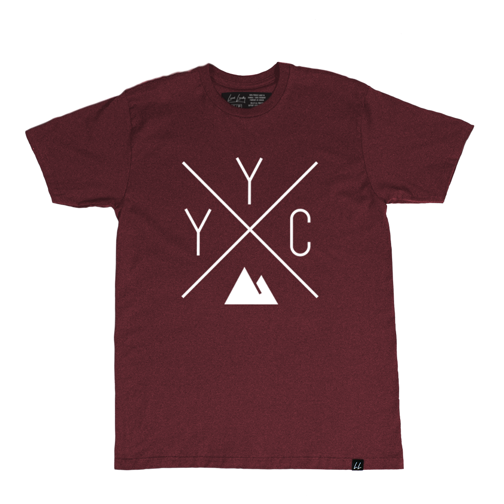 The Local Laundry YYC T-shirt in Maroon, featuring the exclusive YYC design trademarked by Local Laundry. Proudly made in Canada, using sustainable materials and aims to support and bring together local communities.