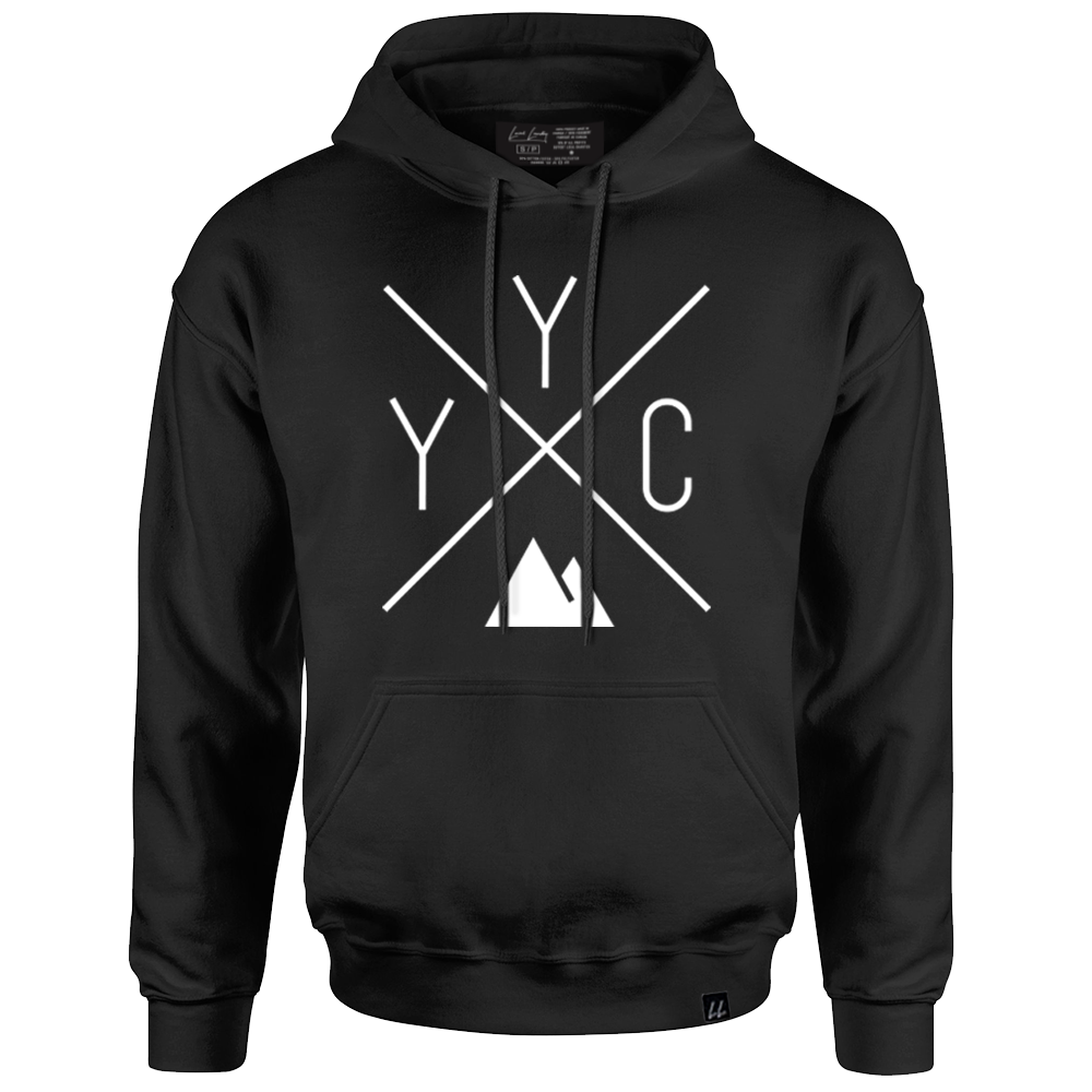 The YYC Hoodie by Local Laundry in black featuring an exclusive contrasting white YYC design by Local Laundry. Features a front Kangaroo pouch. Made in Canada.