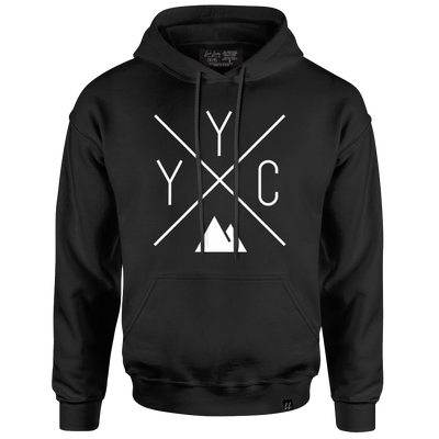The YYC Hoodie by Local Laundry in black featuring an exclusive contrasting white YYC design by Local Laundry. Features a front Kangaroo pouch. Made in Canada.