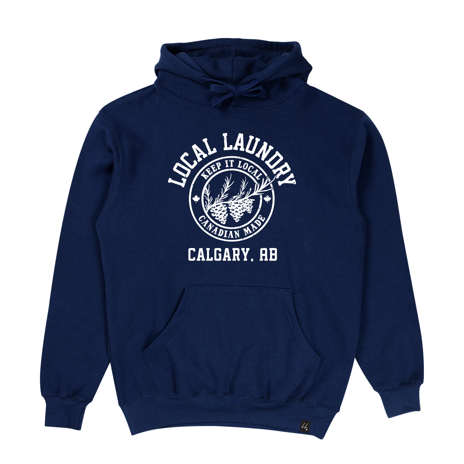 The Local Laundry Varsity hoodie in navy blue featuring a white graphic on the front torso. The graphic features a crest with three pine cones and 